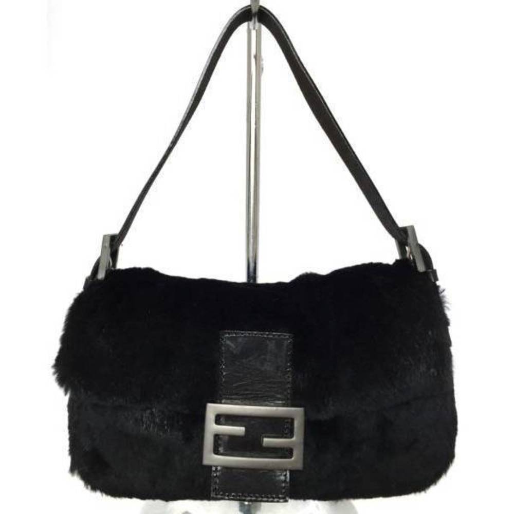 Fendi Rabbit Fur Shoulder Handbag Real Leather Mini Mamma Bucket Black